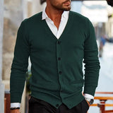 Riolio  Spring Autumn Mens Solid Color Knitted Cardigan Fashion V-Neck Long Sleeve Slim Fit Sweater Coat with Pockets Men Knit Outwear