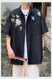 Riolio  Chinese Style Short Sleeved Shirt Summer Thin Version Trendy Brand with Butterfly Embroidery Loose Ice Silk Casual Wear