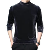 Riolio Men's Velvet Half Turtleneck Pullover T-Shirt Winter Basic Thick Solid Color Long Sleeve Slim Fit T Shirts Tops Male Clothing