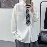 Riolio  Solid Color Shirt with Tie Spring Autumn New Style Hong Kong Style Retro Versatile Long Sleeve Men's Loose Casual Top Trend