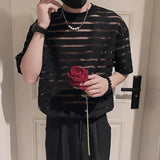 Riolio  Korean New Men's Clothing Fashion Hollow Out Striped Tops Man Comfortable Breathable Lace Thin Style T-shirt