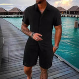 Riolio Spring And Summer New Sports Men's Polo Casual Solid Color Loose Short-sleeved Drawstring Shorts Cardigan Striped Sports Suit