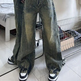 Riolio American Street Hip-hop Men and Women Trendy Personality Retro Washed Straight Leg Jeans for Couples Loose Wide Leg Casual Pants