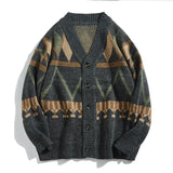 Riolio Vintage Japanese Men's Sweater Loose Fit V-neck Knitted Top Casual Cardigan Jacket Trendy Spring Autumn Color Blocking