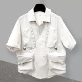Riolio   Summer New Man Dark Cardigan Solid Color Short Sleeve Shirt Korean Trendy Safari Style Three-dimensional Pockets Ins