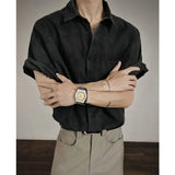 Riolio  Men Solid Color Turn Down Collar Short Sleeve Shirt Chest Pocket Loose Fit Textured Casual Button Up Top
