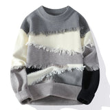 Riolio men's winter outfits Hole Fringed Sweaters Retro Tasseled Knitwear Patchwork Color Knitwear Round Neck Pullover Knit Sweater Couple Long Sleeve Tops