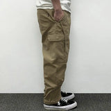 Riolio  Autumn Men's Pants Multi-Pocket Cargo Pants Retro Solid Color Simple Loose Button Elastic Strap Casual Pants