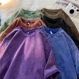Riolio American Style Retro Heavyweight Solid Color Short Sleeved T-shirt Men Women Summer Street Trendy Washed Old Oversized Clothes