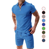 Riolio New Men's Suit Summer Casual Sportswear Waffle Solid Color Loose Lapels T-shirt and Shorts Two-Piece Set Free Shipping