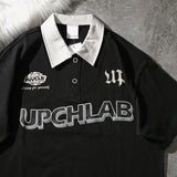Riolio  Summer American Vintage Letter Large Polo Shirt Men Women's Loose Cotton Versatile Couple Trun Down Collar Short Sleeve T-shirt