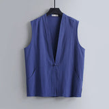 Riolio  Plus Size 6XL-8XL Men's Cotton Linen Vest Traditional Chinese Frog Button Sleeveless Summer Breathable Streetwear Tank Tops