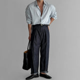 Riolio Men's Long Sleeve Casual Linen Striped Shirt Korean Style Lightweight Spring Summer Seasons Blue Color Thin Fabric No Ironing