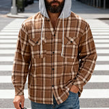 Riolio  Men's Plaid Flannel Shirt Jacket Detachable Hooded Button-Down Shacket for Casual Wear