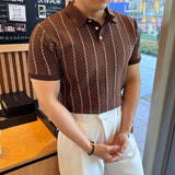 Riolio  Spring Summer New Casual Mens Polo Shirt Vintage Striped Crochet Buttoned Polo Neck Knit Tops Men Fashion Slim Fit Polos