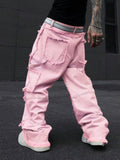 Riolio  Pink Frayed Wide-Leg All-Season Cargo Denim Jeans