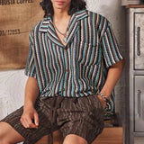 Riolio  Vintage Turn-down Collar Striped Knit Shirts Men's New Casual Button-up Cardigans Men Fashionable Short Sleeve Knit Slim Shirts