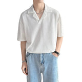 Riolio Young men's light Cuban collar shirt short-sleeved men's fashion knitted polo shirt loose casual T-shirt black white gray