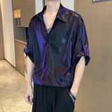 Riolio Men Shiny Design Casual Shirt Trendy Handsome Shirts Fashion Loose Half Sleeve Tops Korean Style Personality Clothing