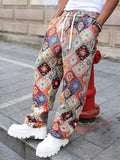 Riolio  Mens Wide Leg Straight Pants With Retro Jacquard Geometric Pattern Elastic Waist Casual Trousers