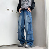 Riolio Vintage Patchwork Plaid Cargo Jeans Men Women Baggy Denim Trousers Streetwear Hip Hop Multi-Pockets Safari Style Casual