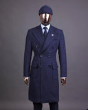 Riolio  Navy Blue Men's Suit One Piece Long Coat Double Breasted Peaked Lapel Business Overcoat SlimWedding Groom Tailored Costume Homme