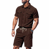 Riolio  Men's Summer Suit Amazon Corduroy Solid Pocket Shirt Short Sleeve Shorts Suit