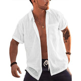 Riolio Mens Short Sleeve Button Up Shirts Linen Cotton Beach Tops Turn Down Collar Summer T Shirt with Pocket