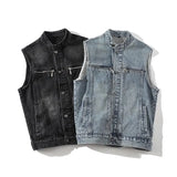 Riolio  Autumn Denim Vest Men Sleeveless Vintage Moto Biker Jean Jacket Coat Fashion Casual Mens Stand Collar Denim Waistcoat Streetwear