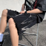 Riolio  New Ripped Denim Shorts Men's High Street Straight Leg Fringed Five Quarter Pants