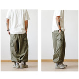 Riolio Multi-Pocket Cargo Pants Men's Casual Solid Colour Straight Pants Baggy Wide-leg Cropped Pants Men Ankle-length Pants