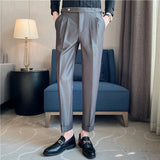 Riolio British Style Men High Waist Casual Business Dress Pants Streetwear New Fashion Social Belt Decoration Slim Fit Suit Pants Hot