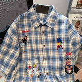 Riolio Men and women trendy retro checkered short sleeved embroidered shirt American summer couple loose casual short sleeved shirt Y2K