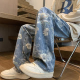 Riolio Autumn Floral Printed Jeans For Men New Y2K Vintage Denim Pants Hip Hop Fashion Wide-leg Baggy Jean Streetwear Trousers