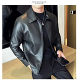 Riolio Windproof Stand Collar Zipper Cardigan Leather Jacket Motorcycle Leather Coat PU Leather Business Leather Jackets Men's Fashion