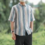Riolio  Men's Vertical Striped Half Sleeve Shirt Casual Loose Button Down Linen Blended Shirts For Male