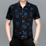 Riolio  Men's Summer Ice Silk Short Sleeved Shirt Maple Leaf Print Business Casual Trend