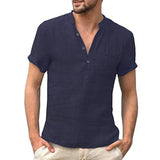 Riolio Summer Cotton Linen Casual T-Shirts Casual Male Short Sleeve V-Collar Breathable Men's Tee Button-up T S-5XL