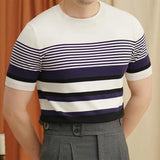 Riolio  Stylish Striped Knitting T Shirts Mens Summer Casual Breathable Slim Fit Tees Men Fashion Short Sleeve O Neck Knitted Pullovers