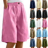 Riolio  Women's Fashion Solid Color Pants Pocket Button Up Capris Loose Elastic Waist Cotton Linen Shorts Pants for Women Women’s Pants