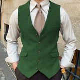 Riolio  Men Vest Blue Herringbone Solid Color Single Button Waistcoat For Wedding Business Banquet Work Formal Men Suit Vest