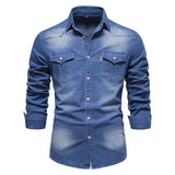 Riolio Brand Elastic Cotton Denim Shirt Men Long Sleeve Quality Cowboy Shirts for Men Casual Slim Fit Mens Designer Clothing