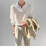 Riolio New Trendy Waffle Men Polo Shirt Leisure High Quality Solid Color Long Sleeve T-shirt Korean Fashion Autumn Loose Basic Shirts