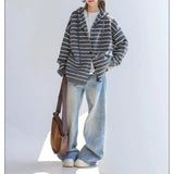 Riolio Korean retro high street striped men and women trendy personality hooded sweater couple hip-hop loose retro Harajuku casual top