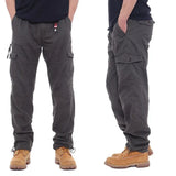 Riolio  Men Multi Pocket Cargo Pants Drawstring Cuff Straight Leg Workwear Trousers Washed Casual Pants