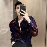 Riolio  Men's Shirts Autumn Long-sleeved Liquid Metal Changeable Shiny Buttons Shirt Fashion Women Turndown Collar Single-breasted Tops