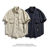 Riolio  Retro Japanese Workwear Short Sleeve Men's Shirt Summer Trendy Outdoor Casual Versatile Youthful Pure Color Loose Fit Cardigan