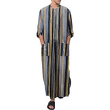 Riolio Men's Muslim Long Sleeve Cotton Striped Robes Summer Islamic Arabian Kaftan Suit Middle East Dubai Abaya Retro