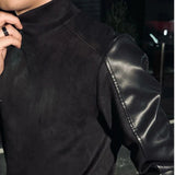 Riolio  Mens T-Shirt Pu Leather Stitching Slim Fit T-Shirt Spring Streetwear Fashion Leisure Campus Long-Sleeved Top Men'S Wear New