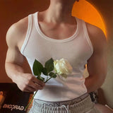 Riolio   Summer Casual Simple Solid Ribbed Tank Top Men Clothes Leisure Slim O Neck Sleeveless Basic Vest Tee Men's Fashion Camisole